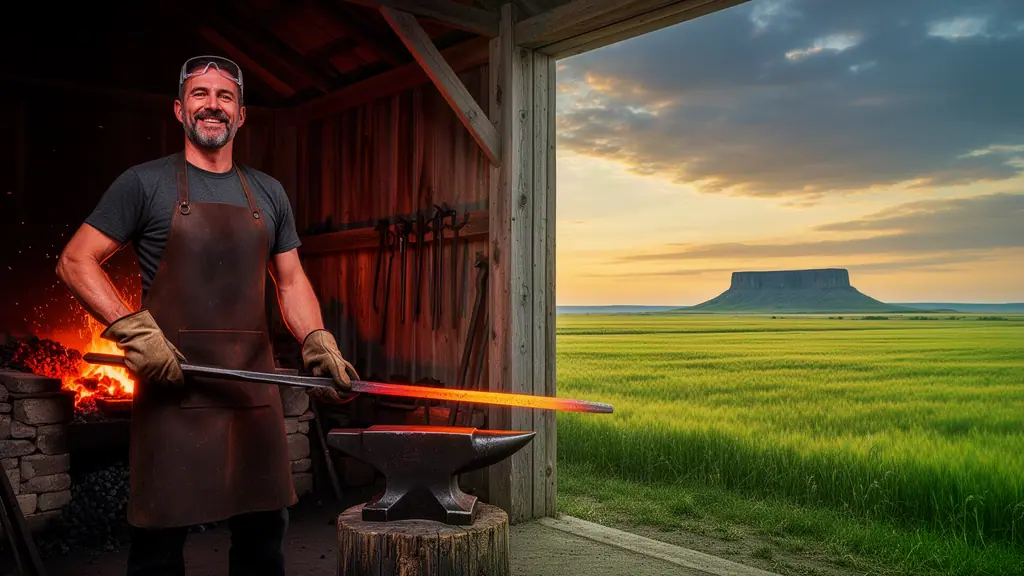 Blacksmith at a glowing forge beside an anvil, open barn side onto green plains and a butte